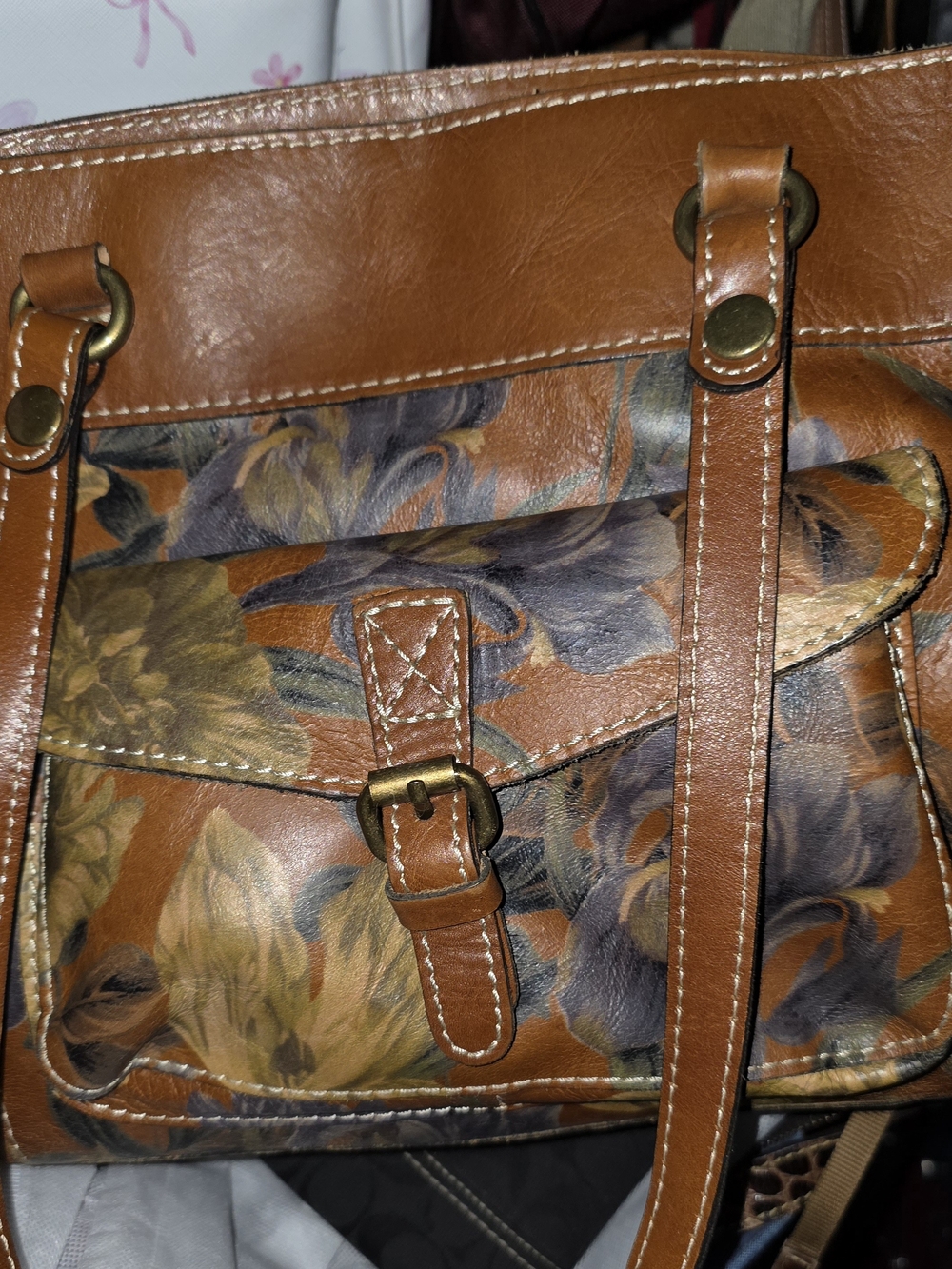 Patricia Nash Floral Print Brown Leather Shoulder  Bag